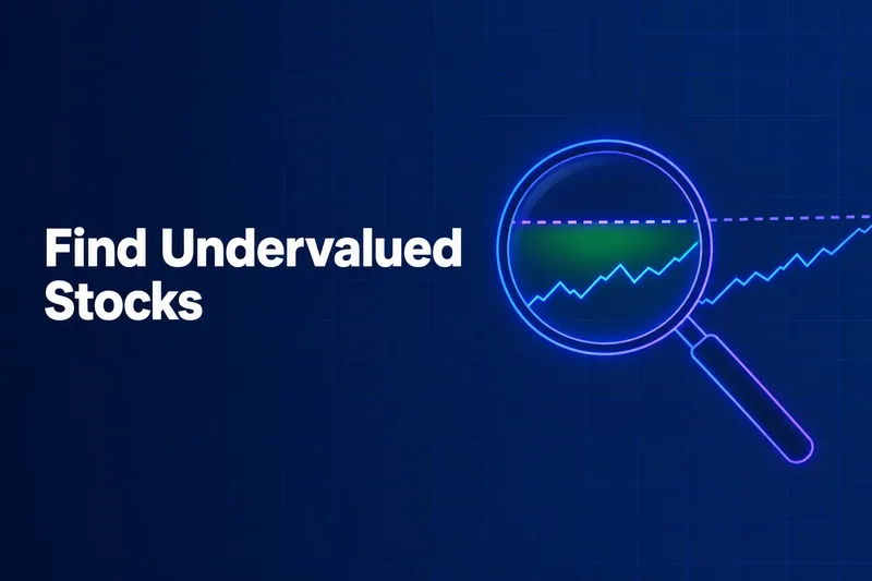 A glowing blue magnifying glass over a rising stock price line with a dashed fair-value line above it, on a dark navy background with the title Find Undervalued Stocks in white.